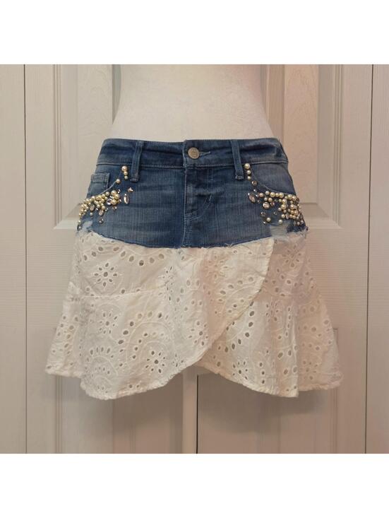 Guess Dresses & Skirts - Beaded Denim Mini Skirt with Lace Hem Size 25 Y2K Boho Fairy Pearl Rhinestone